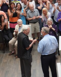 During a surprise 85th birthday celebration held at Embassy Suites last year, Mayor Arthur Vigeant honored Bob Kays with a Key to the City. (photo/Lindsay Tierney)