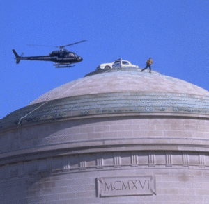 In 1994, MIT students placed a replica of a campus police car on the roof of the Great Dome.Photo/Michael Bauer - hacks.mit.edu
