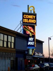 The Coney Island Hot Dogs restaurant sign has been a Worcester landmark since 1938.