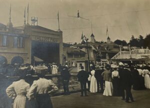 A crowd watches acrobat “Luellita” stand on her head on a high wire at White City amusement park in Shrewsbury in July 1905.