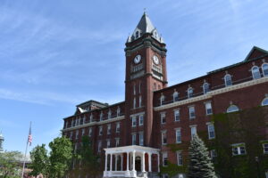 Legend has it that an exorcism was once performed by two priests in a room in O’Kane Hall, pictured here, at the College of the Holy Cross in Worcester.Photo/Wikipedia 